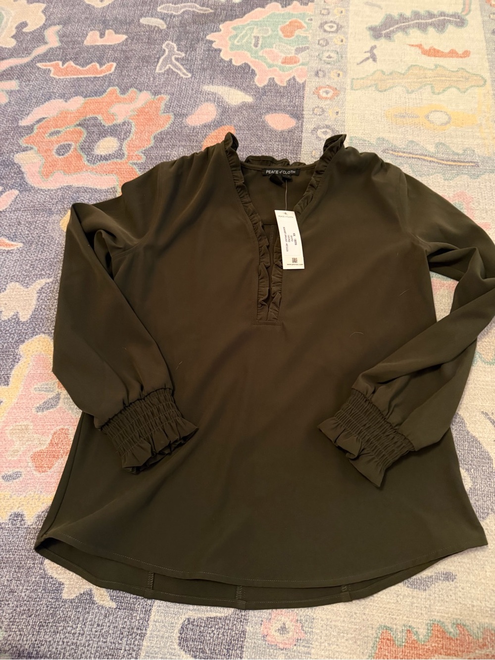 Peace of Cloth Olive Ruffle-Trim Long Sleeve Blouse